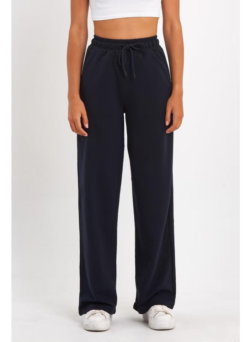 mmetalic Women's Seasonal Casual Wide Leg Side Pocket Navy Blue Sweatpants - Image 2